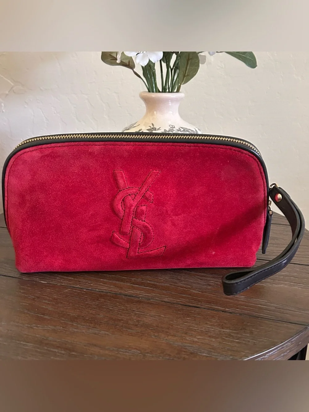 Vintage YSL Yves Saint Laurent Red Suede Cosmetic Makeup Bag Pouch Wristlet